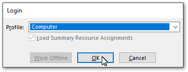Screenshot of the Login/Select Profile dialog in MS Project