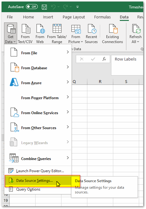 Screen shot of Excel data source command