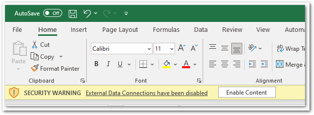 Screenshot of Excel external content warning banner