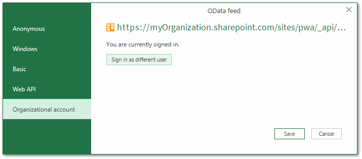 Screenshot of Excel OData feed signed in